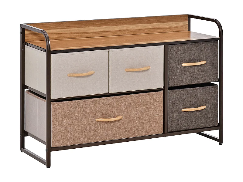 Commode meuble de rangement 5 tiroirs en tissu 87,5 x 29 x 58 cm Marron et beige