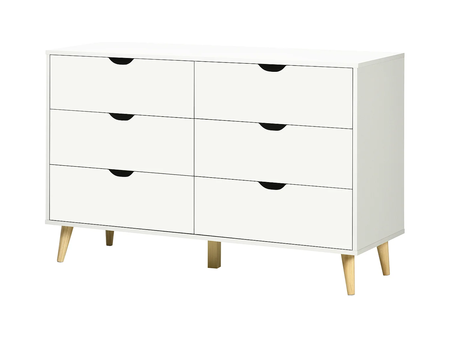 Commode 6 tiroirs design scandinave piètement effilé incliné bois pin panneaux blanc