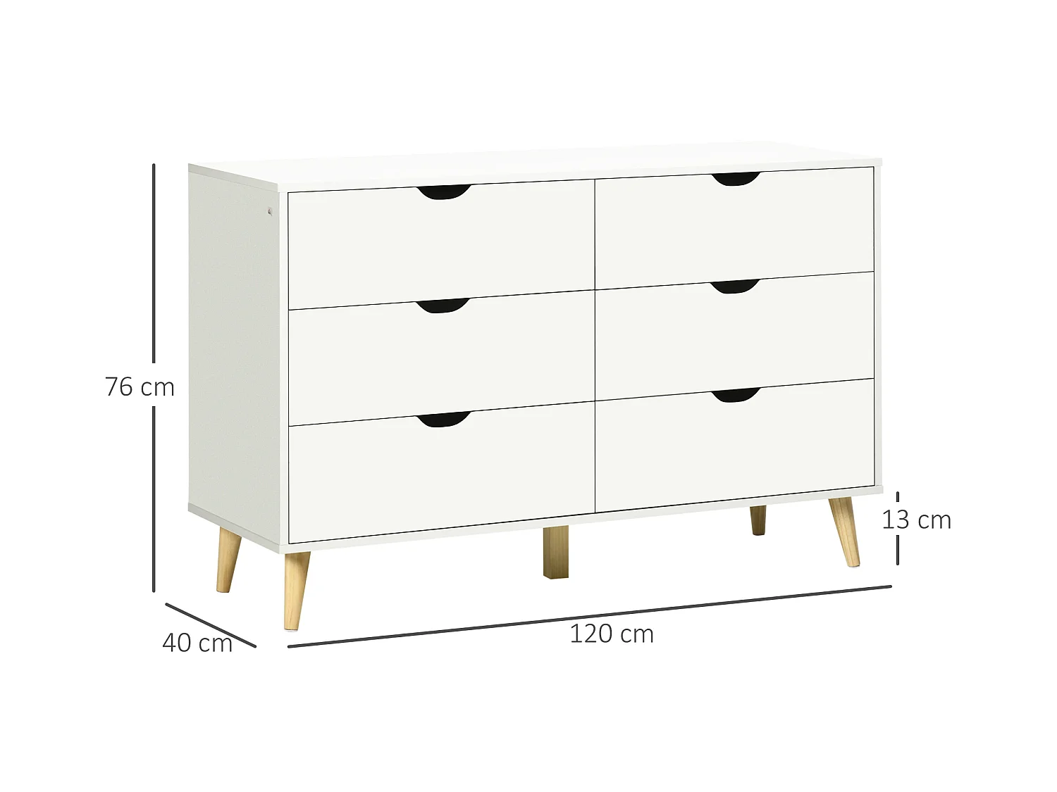 Commode 6 tiroirs design scandinave piètement effilé incliné bois pin panneaux blanc