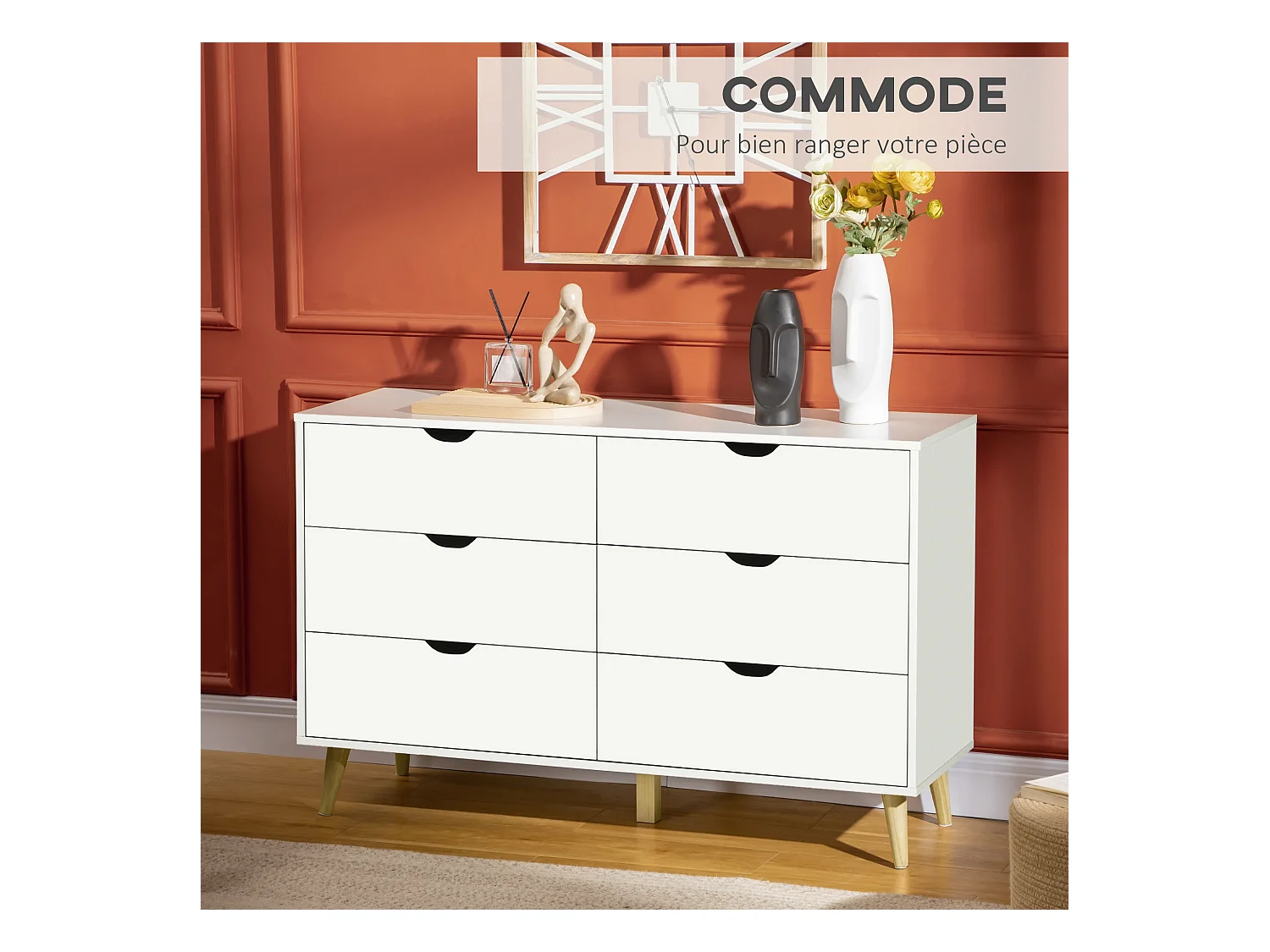 Commode 6 tiroirs design scandinave piètement effilé incliné bois pin panneaux blanc