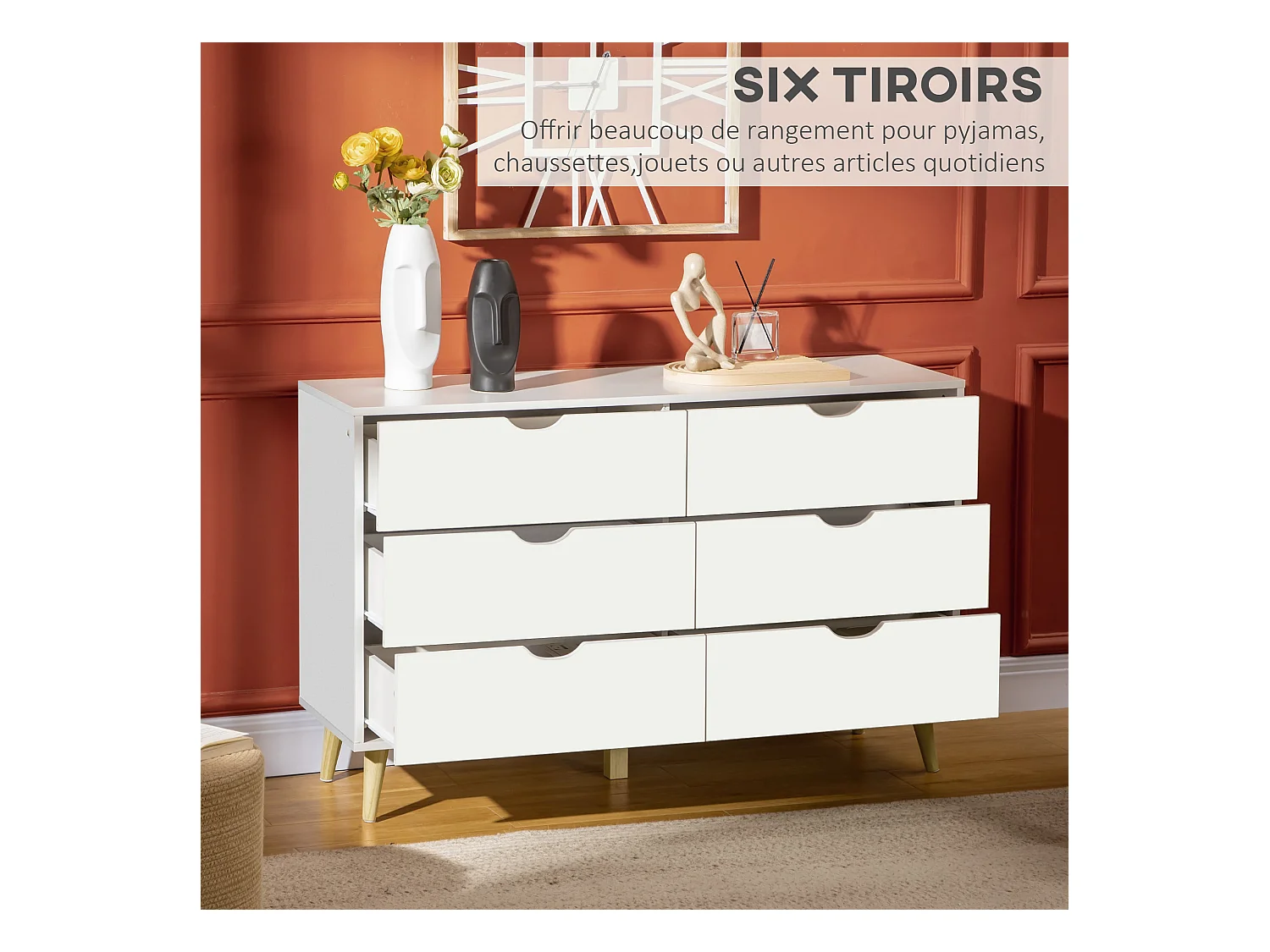 Commode 6 tiroirs design scandinave piètement effilé incliné bois pin panneaux blanc