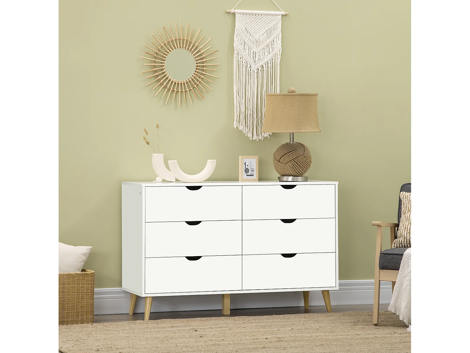 Commode 6 tiroirs design scandinave piètement effilé incliné bois pin panneaux blanc