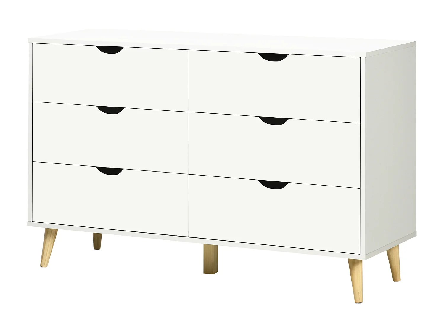 Commode 6 tiroirs design scandinave piètement effilé incliné bois pin panneaux blanc