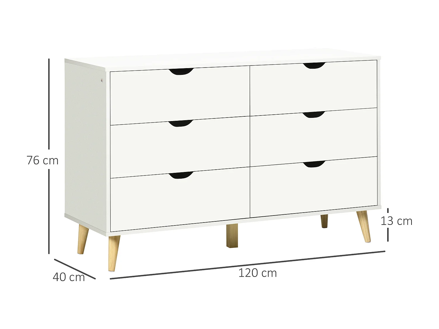 Commode 6 tiroirs design scandinave piètement effilé incliné bois pin panneaux blanc