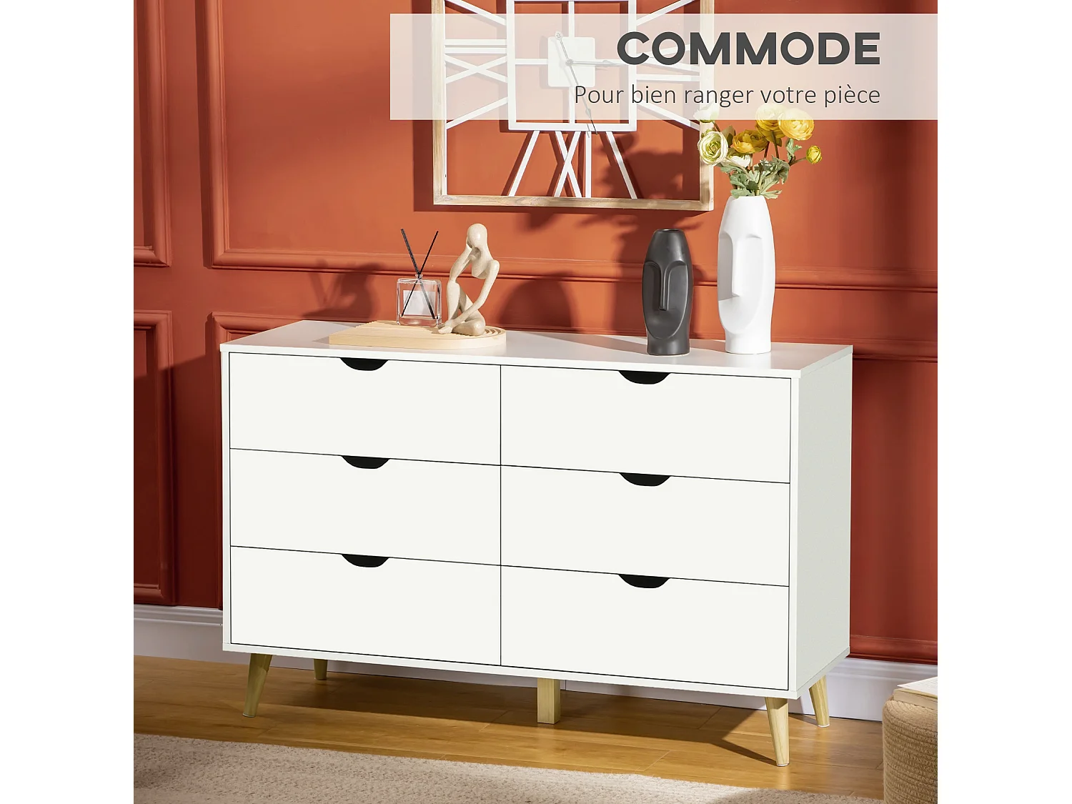 Commode 6 tiroirs design scandinave piètement effilé incliné bois pin panneaux blanc