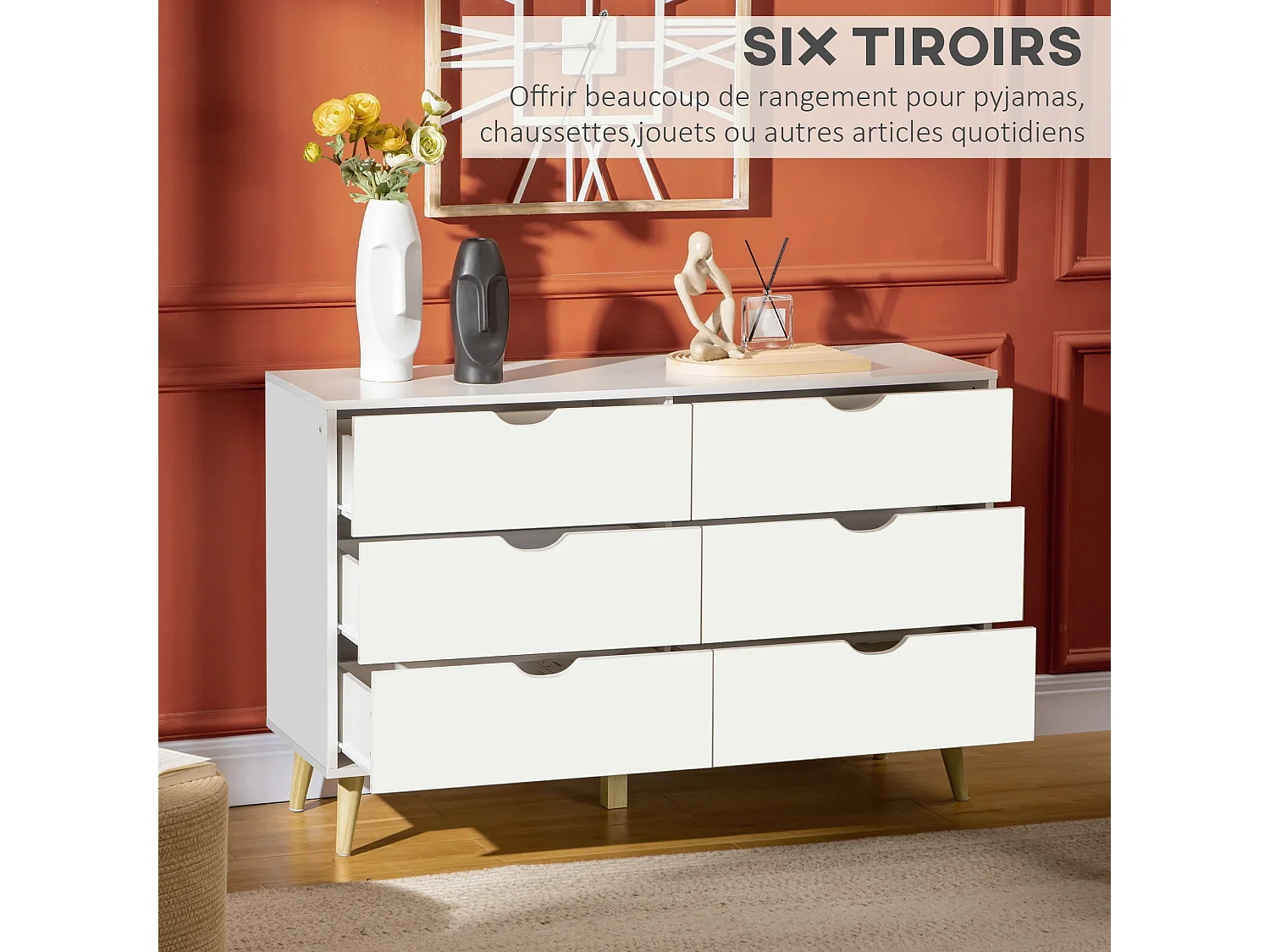 Commode 6 tiroirs design scandinave piètement effilé incliné bois pin panneaux blanc