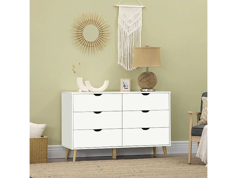 Commode 6 tiroirs design scandinave piètement effilé incliné bois pin panneaux blanc