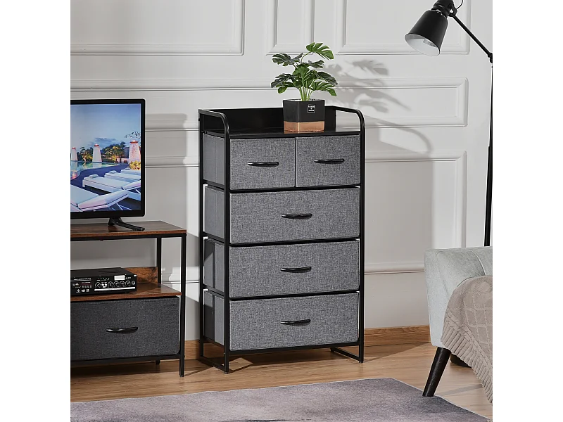 Commode meuble de rangement 5 tiroirs pliables en tissu 58 x 29 x 99 cm gris