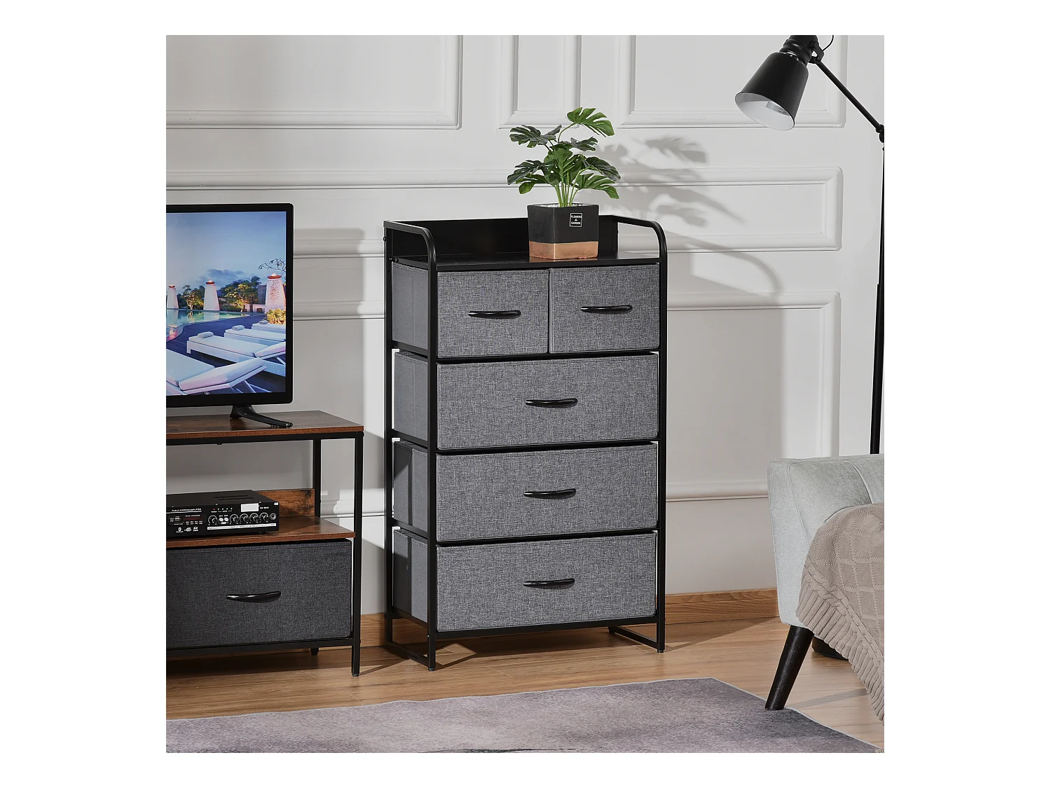 Commode meuble de rangement 5 tiroirs pliables en tissu 58 x 29 x 99 cm gris