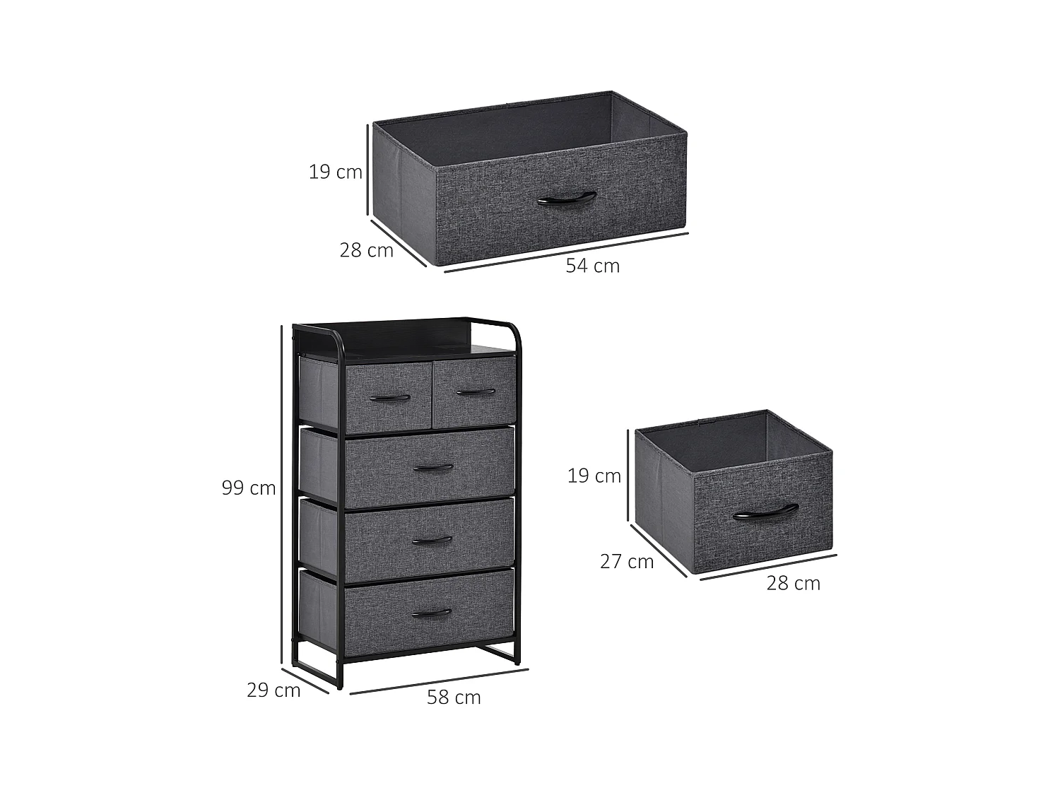 Commode meuble de rangement 5 tiroirs pliables en tissu 58 x 29 x 99 cm gris