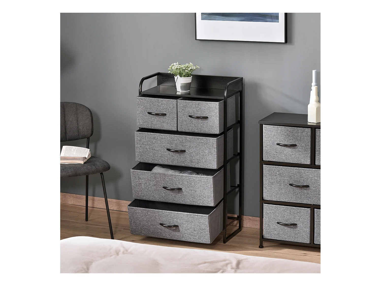Commode meuble de rangement 5 tiroirs pliables en tissu 58 x 29 x 99 cm gris