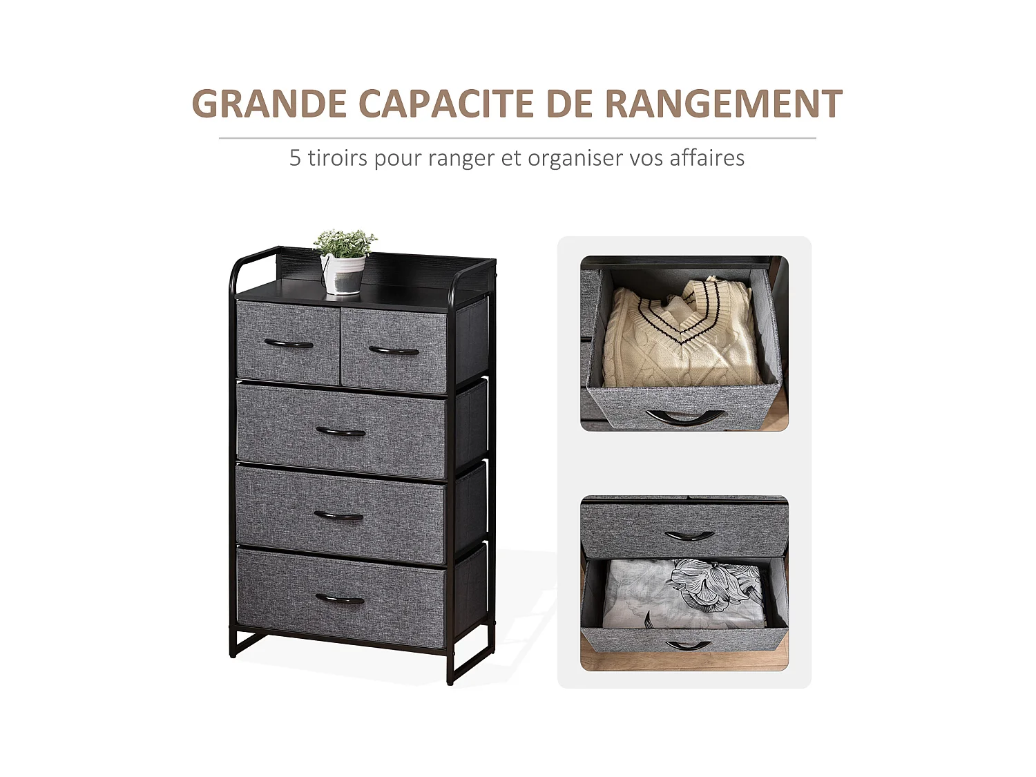Commode meuble de rangement 5 tiroirs pliables en tissu 58 x 29 x 99 cm gris