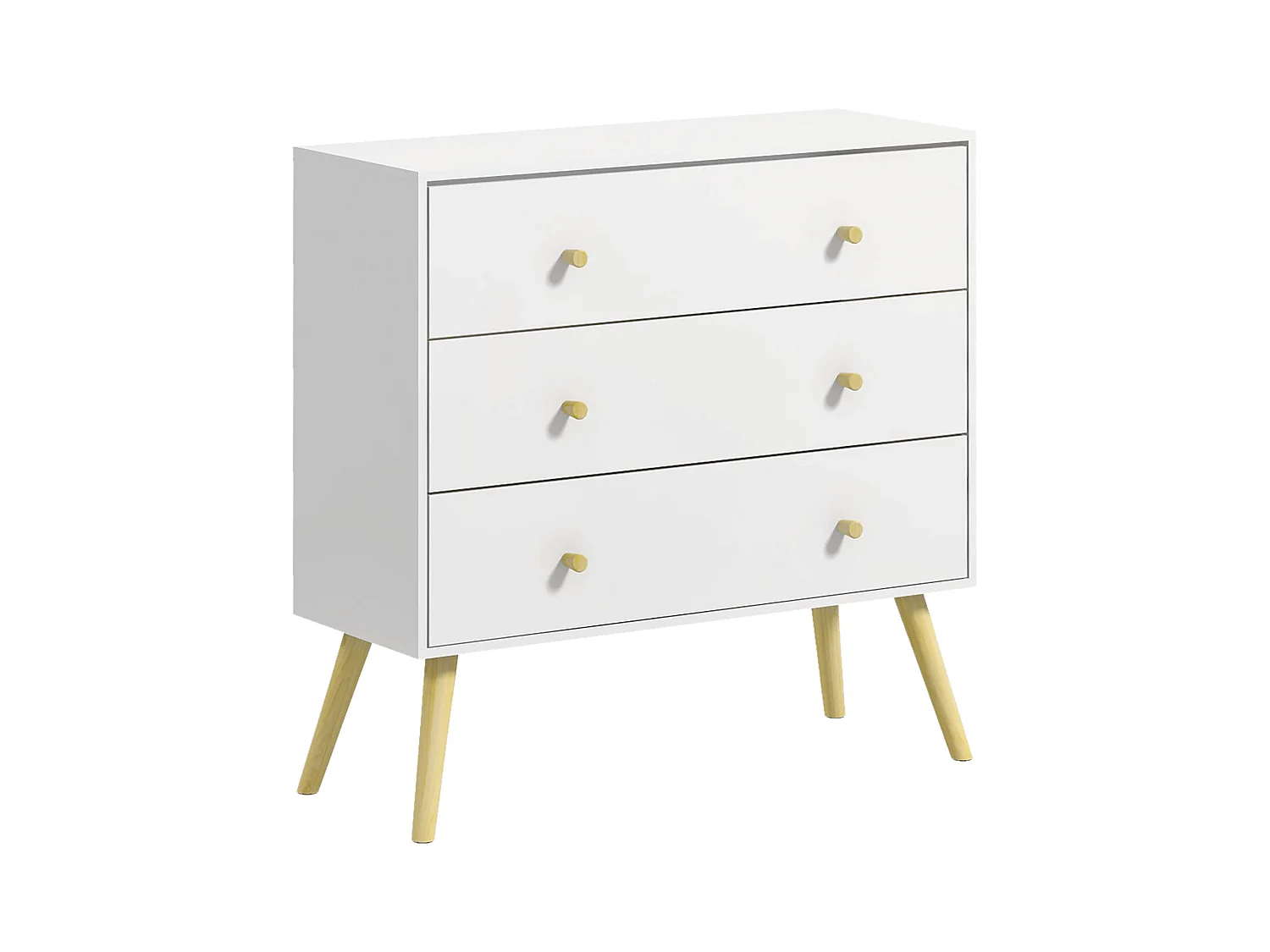 Commode 3 tiroirs design scandinave piètement effilé incliné bois pin panneaux blanc
