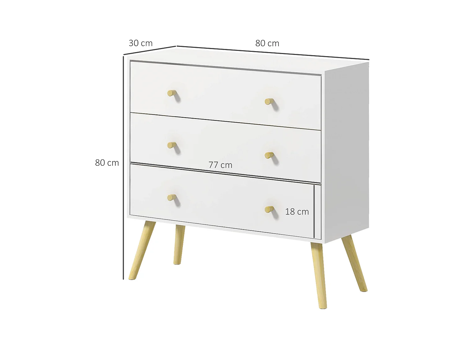 Commode 3 tiroirs design scandinave piètement effilé incliné bois pin panneaux blanc