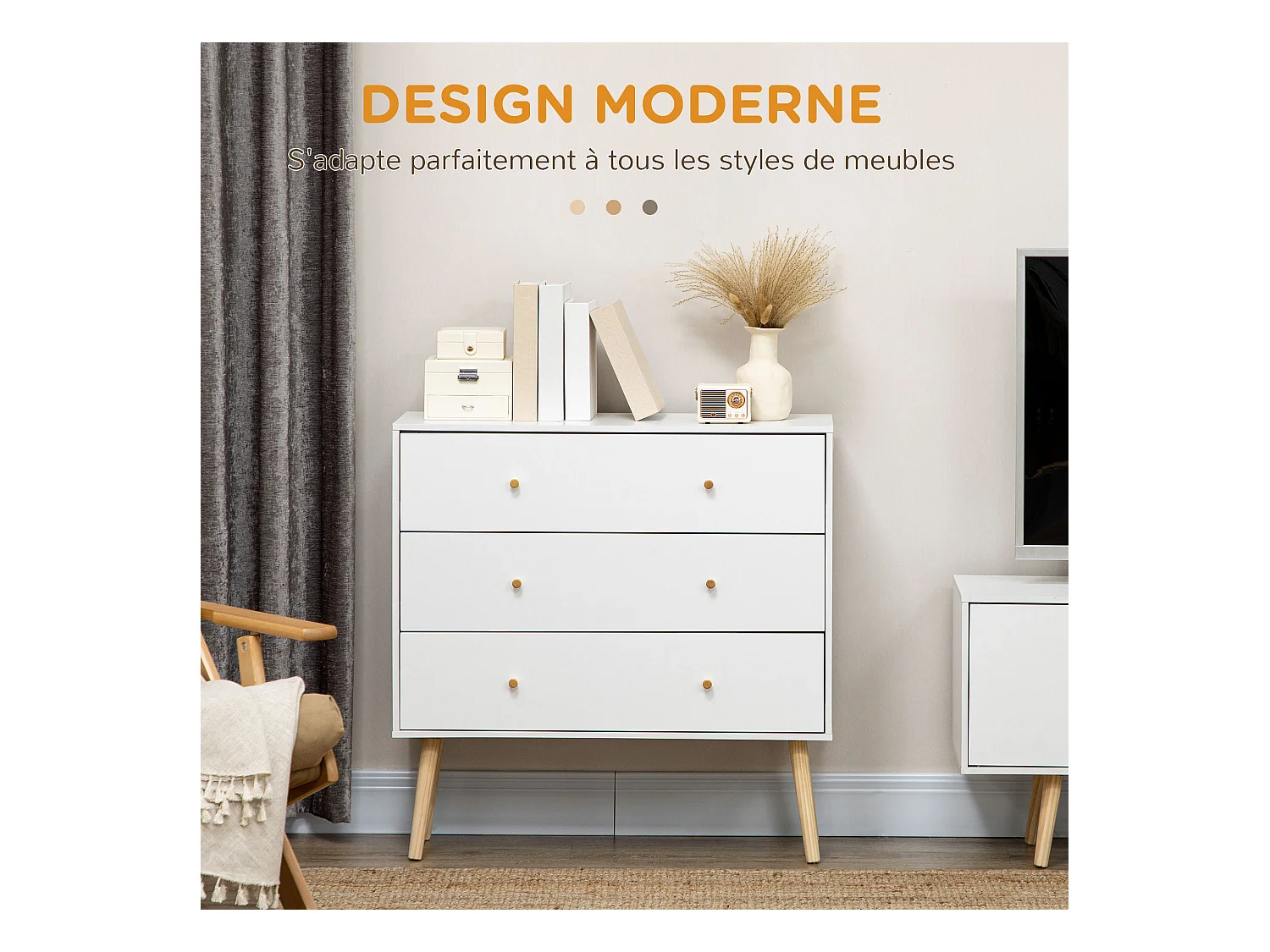 Commode 3 tiroirs design scandinave piètement effilé incliné bois pin panneaux blanc