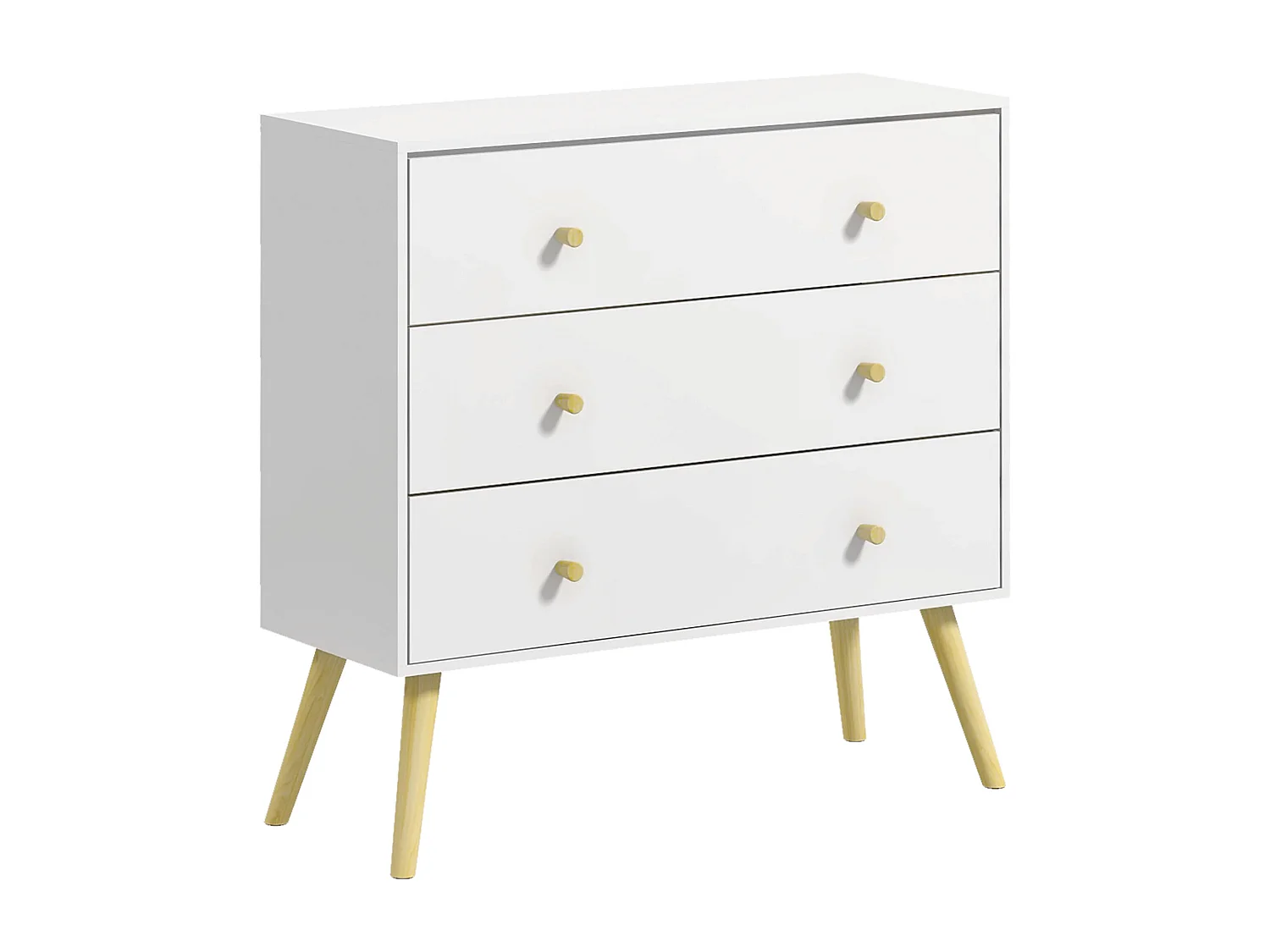 Commode 3 tiroirs design scandinave piètement effilé incliné bois pin panneaux blanc