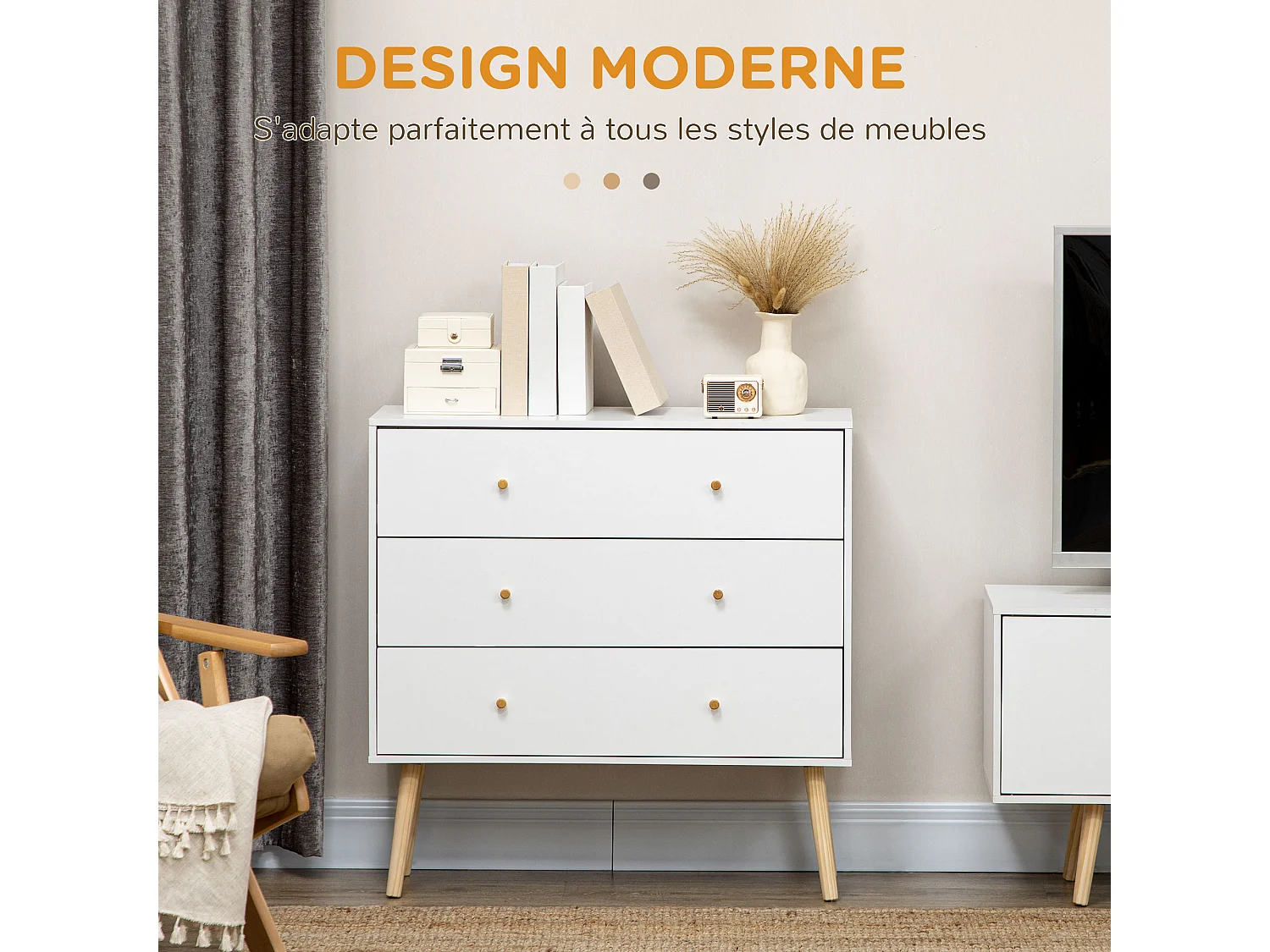 Commode 3 tiroirs design scandinave piètement effilé incliné bois pin panneaux blanc