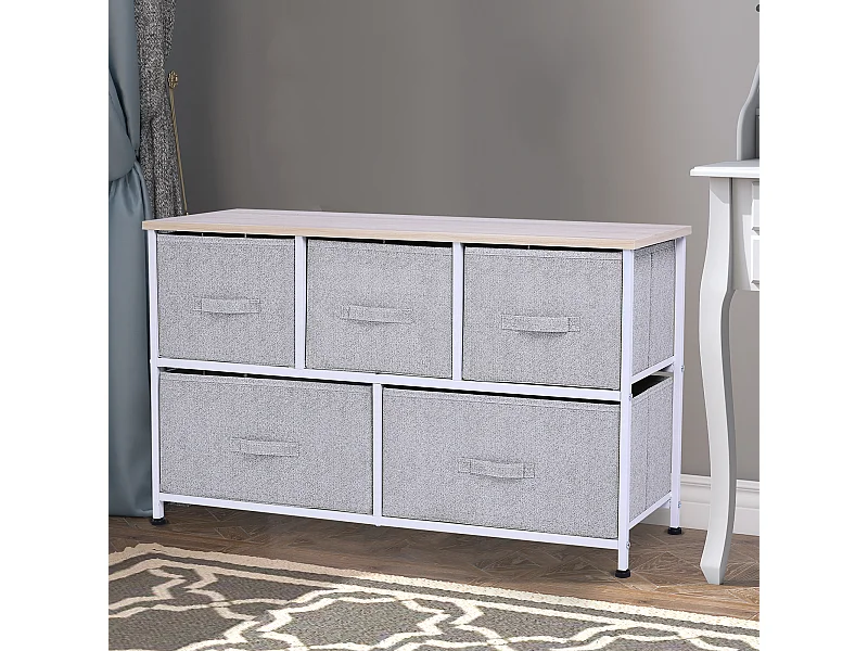 Commode meuble de rangement dim. 100L x 30l x 54H cm 5 tiroirs non-tissés gris structure métal blanc plateau MDF bois clair