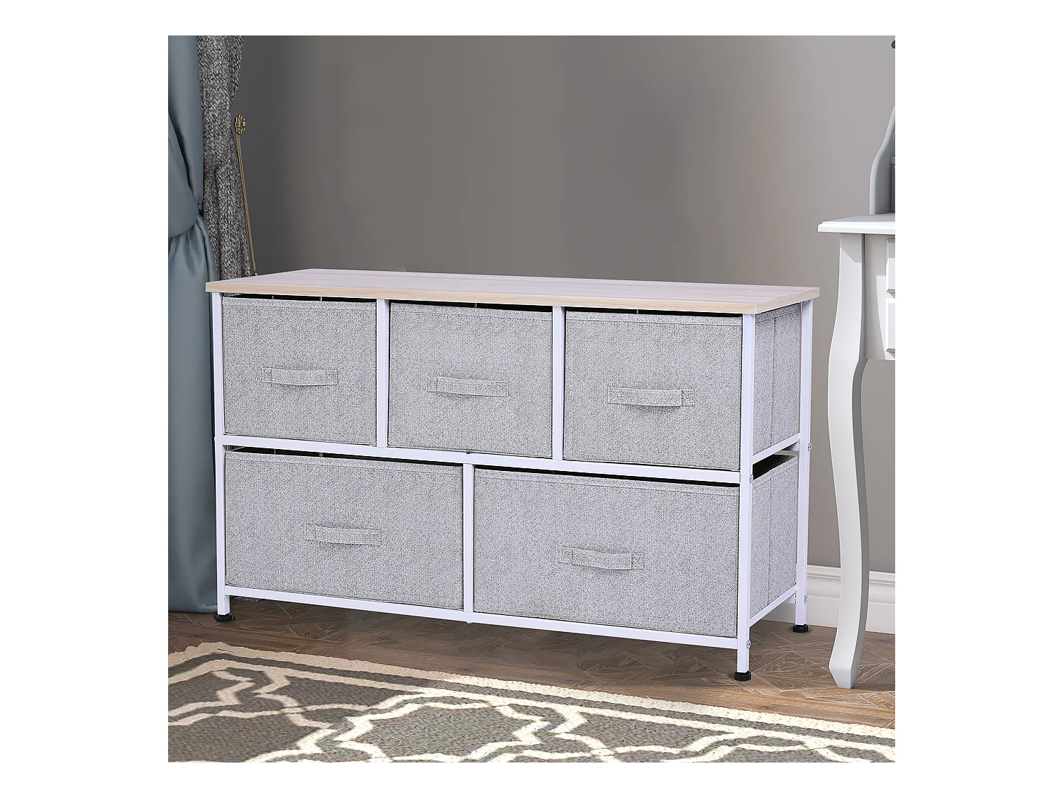 Commode meuble de rangement dim. 100L x 30l x 54H cm 5 tiroirs non-tissés gris structure métal blanc plateau MDF bois clair