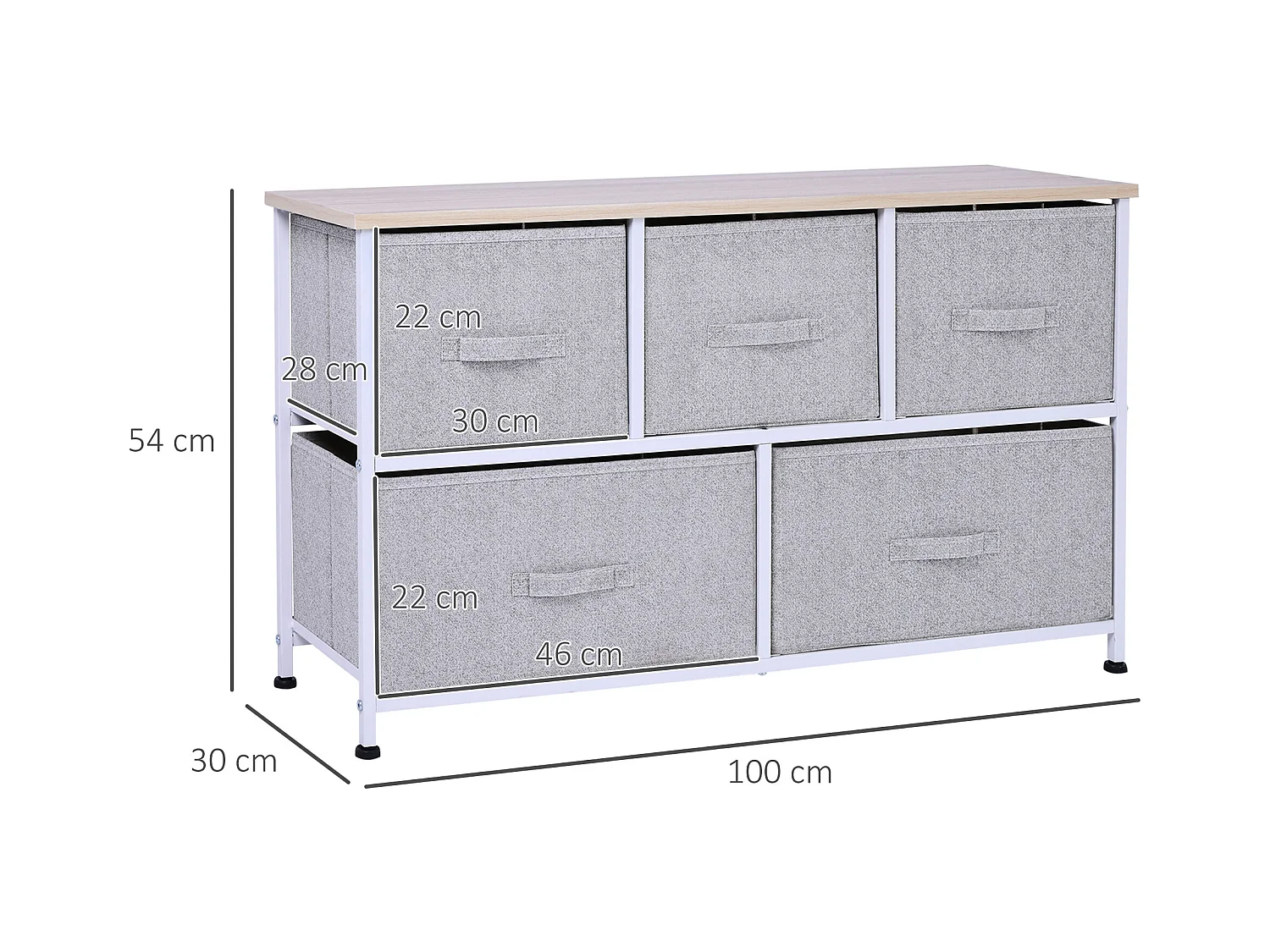 Commode meuble de rangement dim. 100L x 30l x 54H cm 5 tiroirs non-tissés gris structure métal blanc plateau MDF bois clair