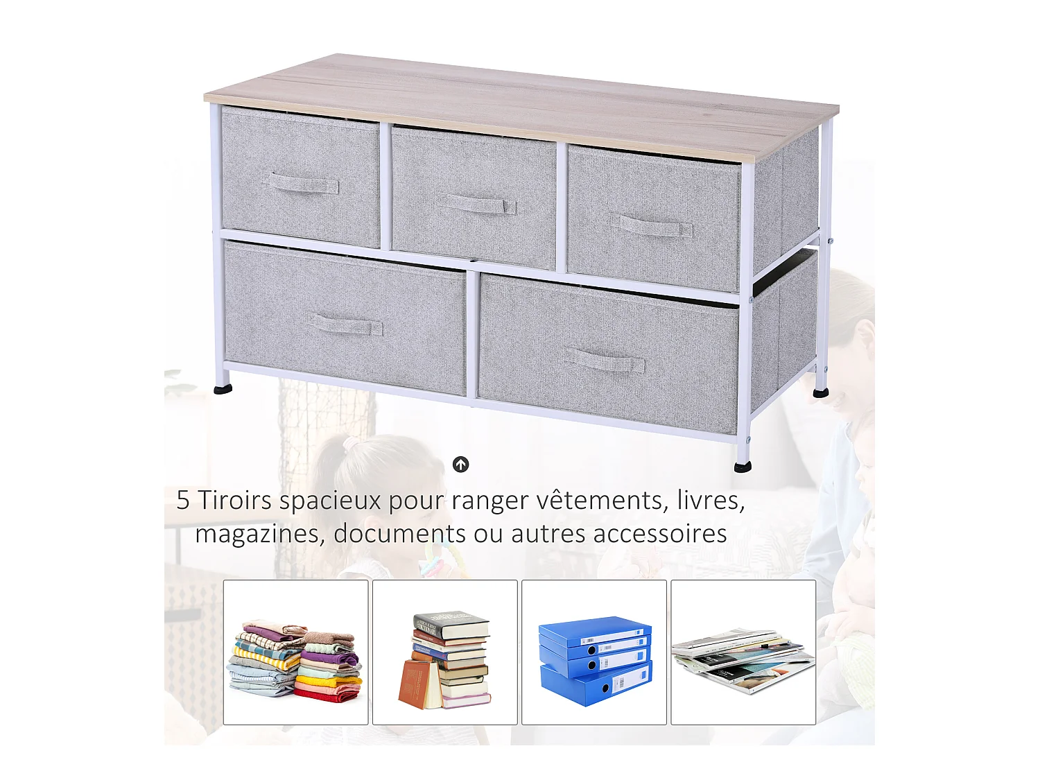Commode meuble de rangement dim. 100L x 30l x 54H cm 5 tiroirs non-tissés gris structure métal blanc plateau MDF bois clair