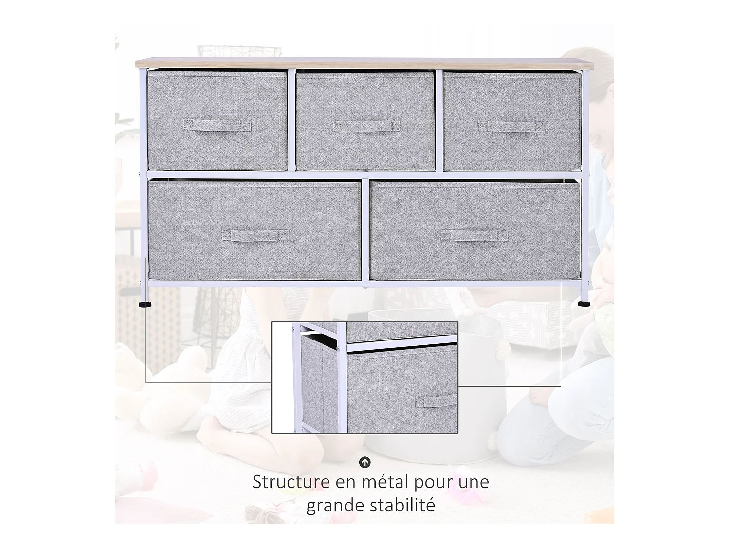 Commode meuble de rangement dim. 100L x 30l x 54H cm 5 tiroirs non-tissés gris structure métal blanc plateau MDF bois clair