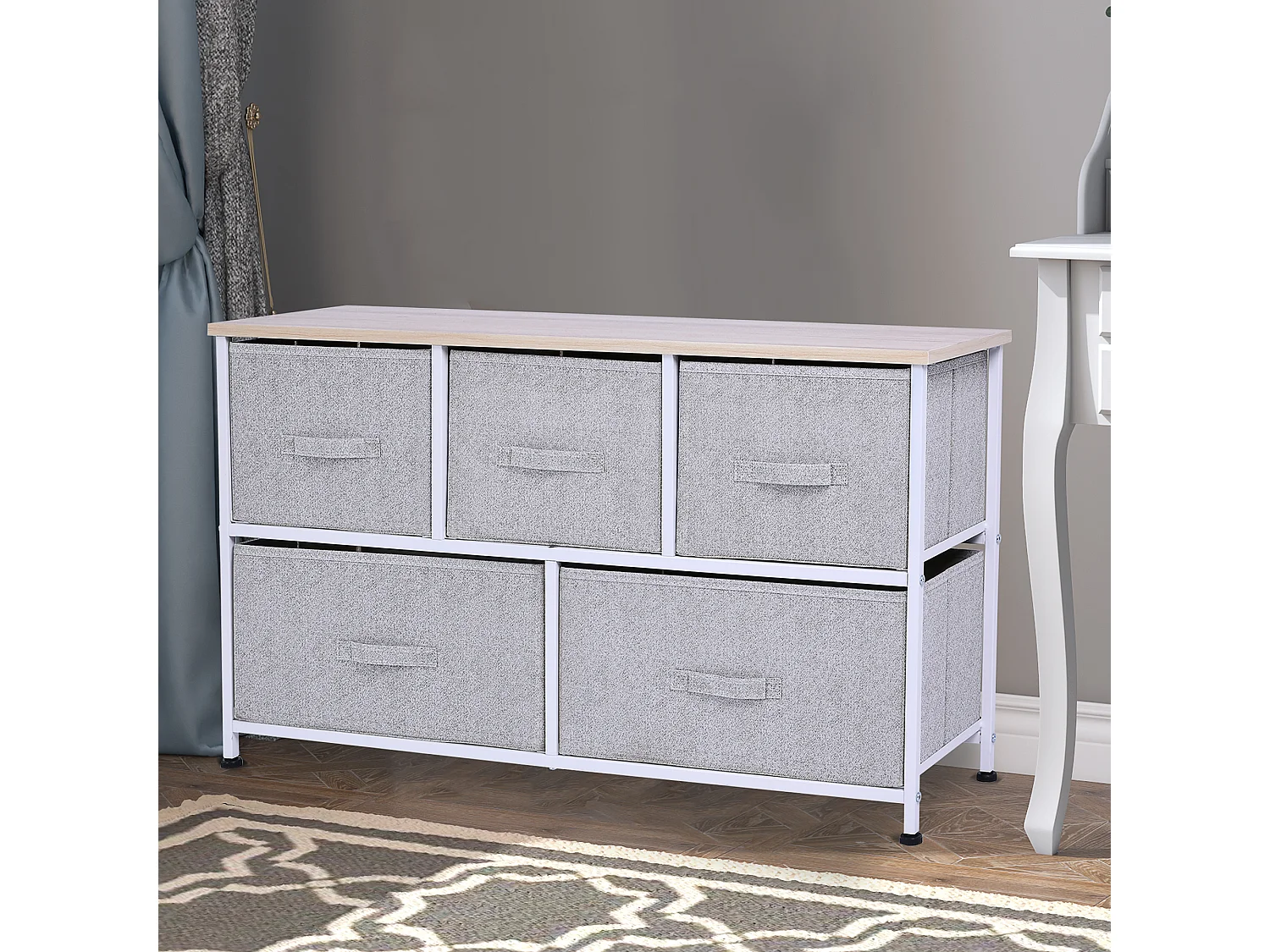 Commode meuble de rangement dim. 100L x 30l x 54H cm 5 tiroirs non-tissés gris structure métal blanc plateau MDF bois clair
