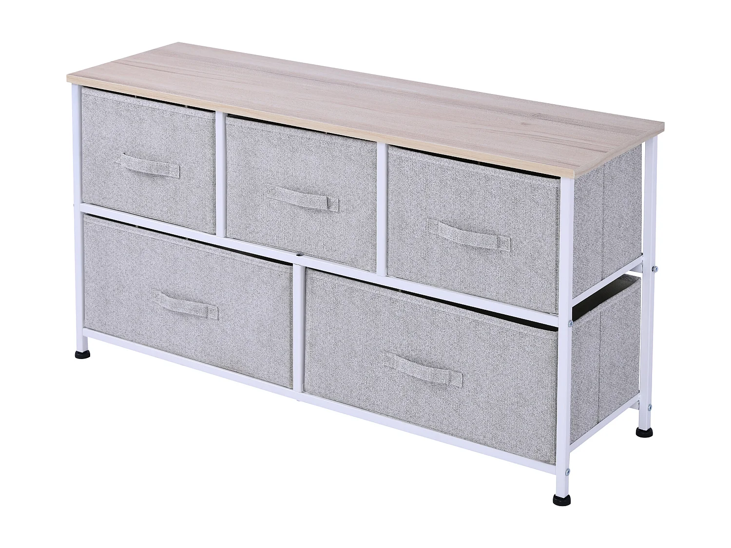 Commode meuble de rangement dim. 100L x 30l x 54H cm 5 tiroirs non-tissés gris structure métal blanc plateau MDF bois clair