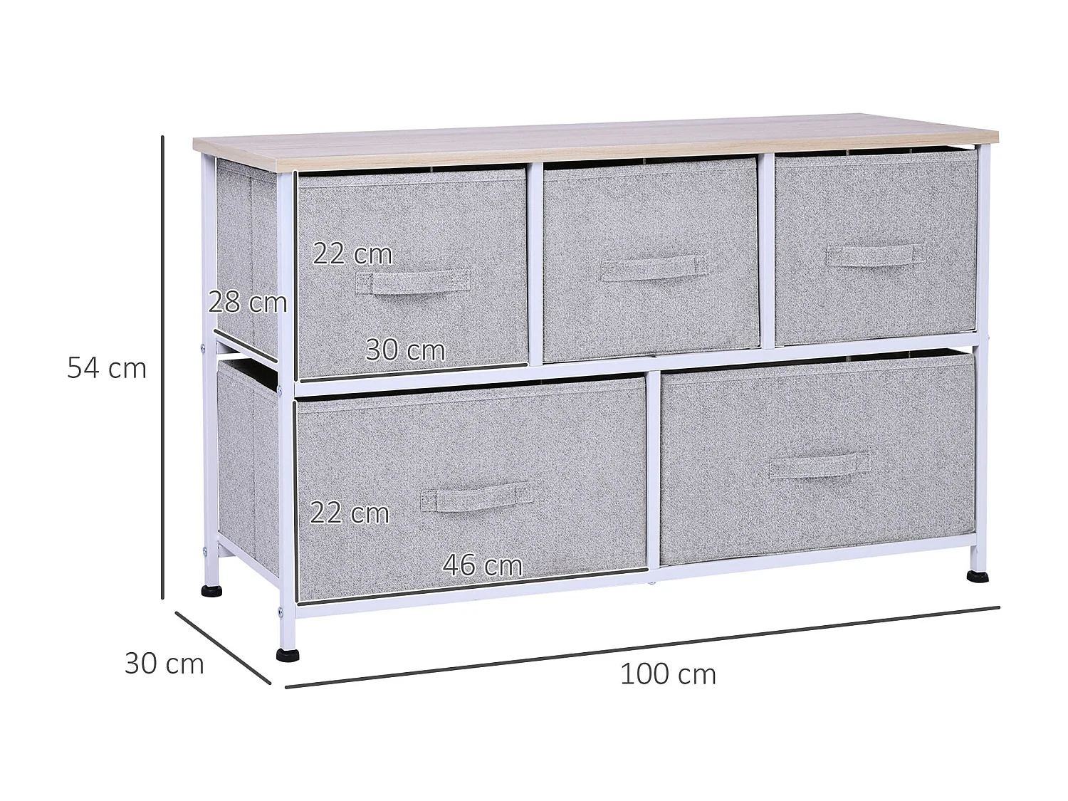 Commode meuble de rangement dim. 100L x 30l x 54H cm 5 tiroirs non-tissés gris structure métal blanc plateau MDF bois clair
