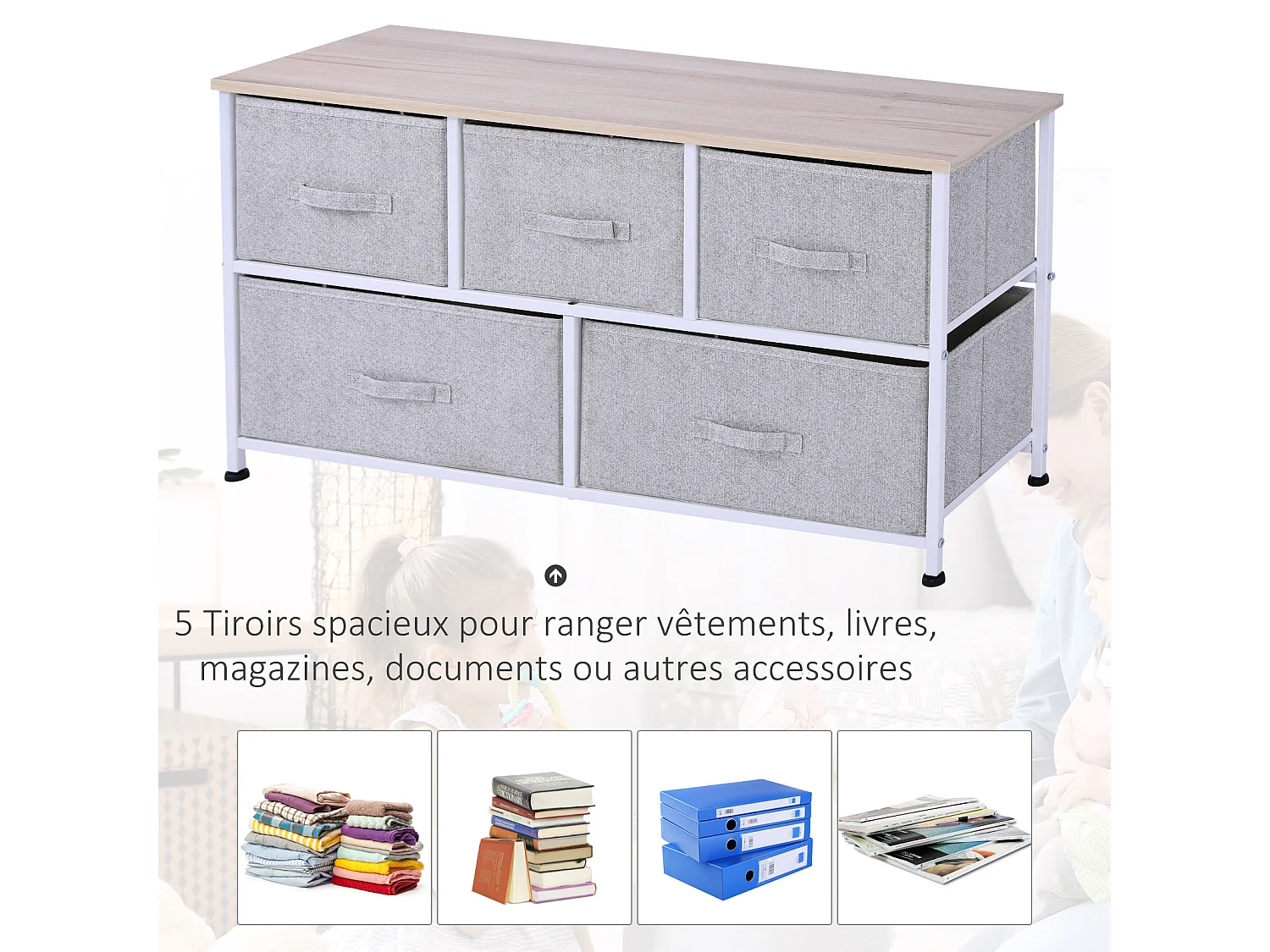 Commode meuble de rangement dim. 100L x 30l x 54H cm 5 tiroirs non-tissés gris structure métal blanc plateau MDF bois clair