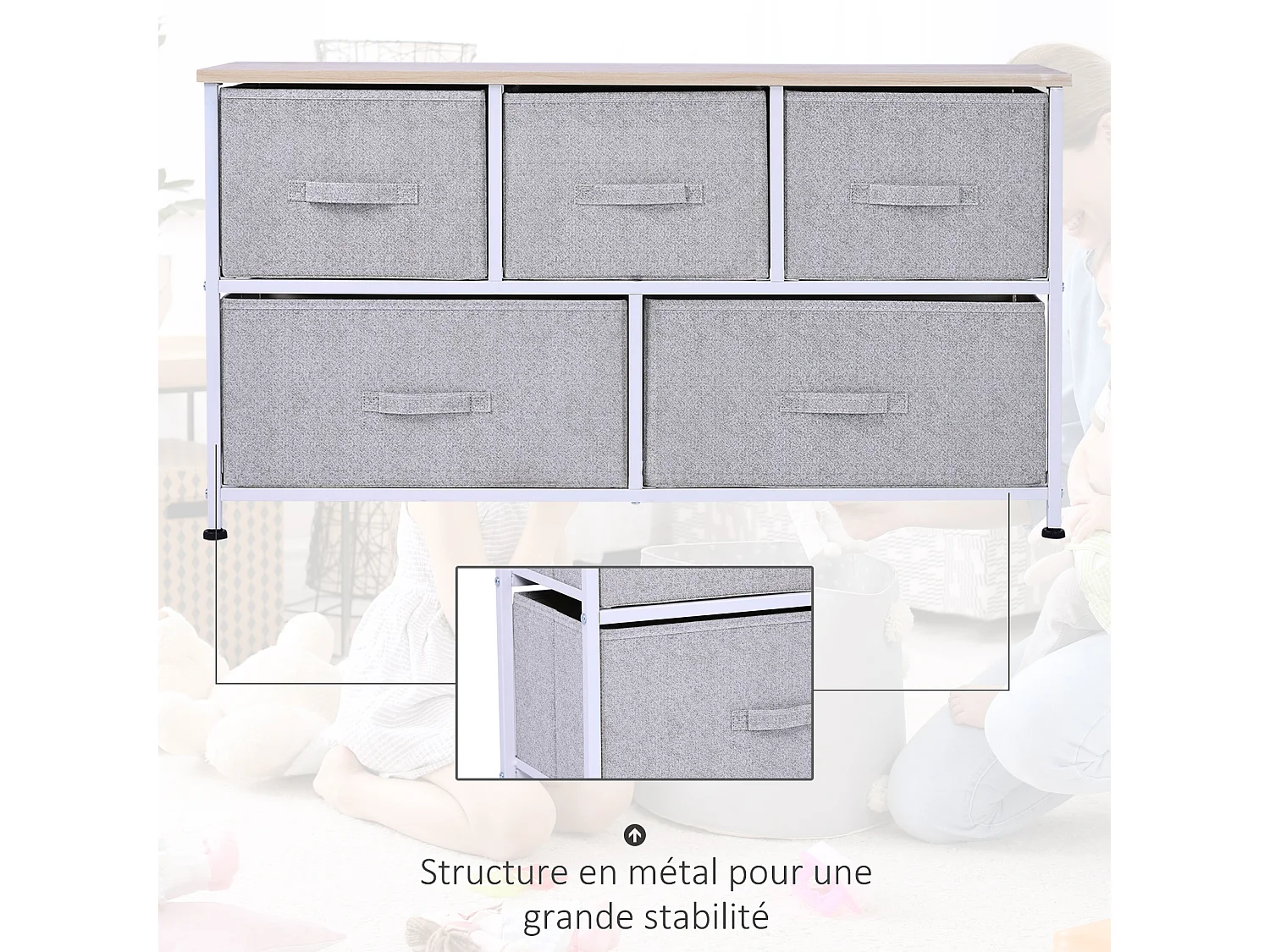 Commode meuble de rangement dim. 100L x 30l x 54H cm 5 tiroirs non-tissés gris structure métal blanc plateau MDF bois clair