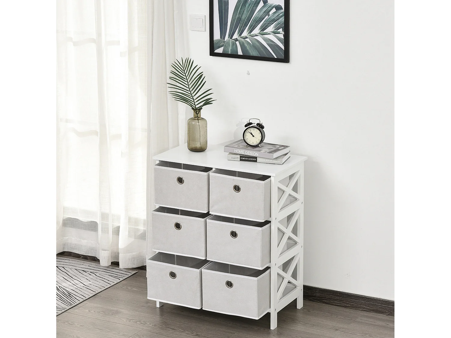 Meuble de rangement commode design contemporain dim. 64L x 37l x 76H cm 6 tiroirs MDF blanc non tissé gris clair