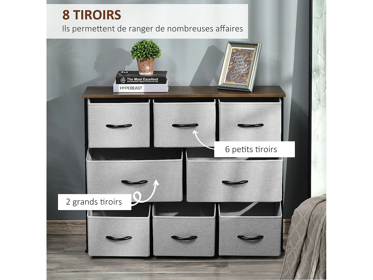 Commode meuble de rangement 8 tiroirs pliables en tissu 100 x 30 x 78,5 cm gris