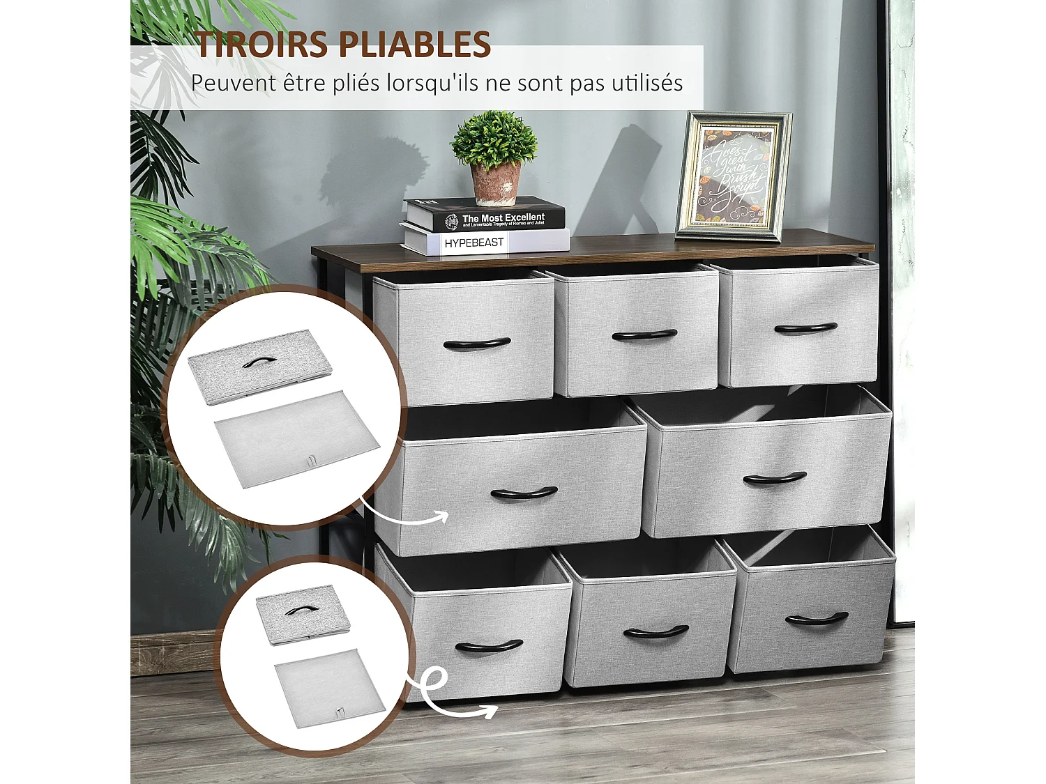 Commode meuble de rangement 8 tiroirs pliables en tissu 100 x 30 x 78,5 cm gris