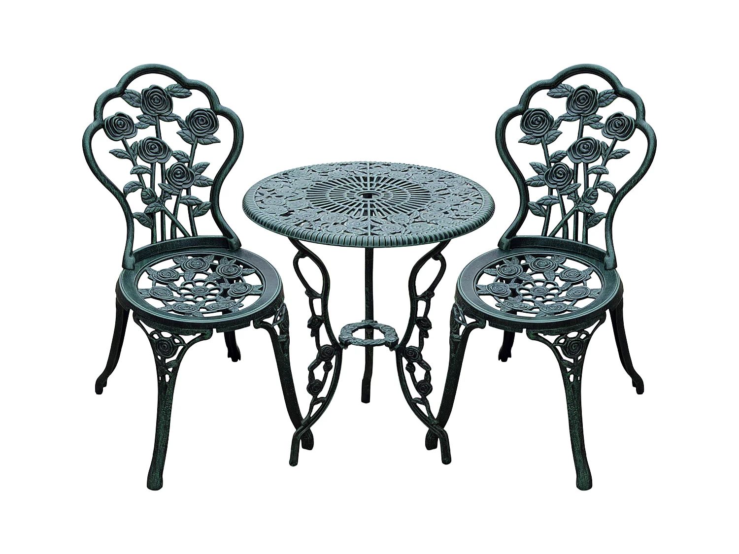 Ensemble salon de jardin 2 places 2 chaises + table ronde style néo-rétro motif rose lignes fuselées fonte d'aluminium vert vieilli