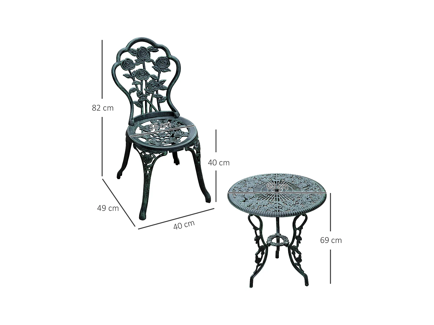 Ensemble salon de jardin 2 places 2 chaises + table ronde style néo-rétro motif rose lignes fuselées fonte d'aluminium vert vieilli