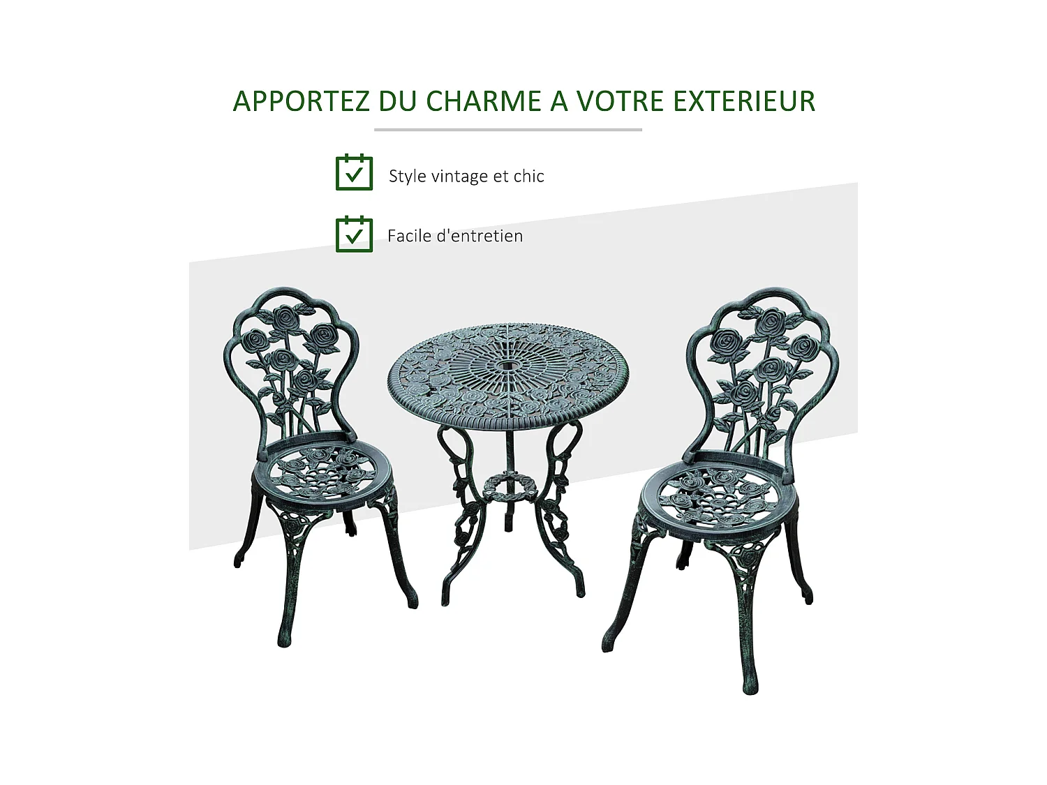Ensemble salon de jardin 2 places 2 chaises + table ronde style néo-rétro motif rose lignes fuselées fonte d'aluminium vert vieilli