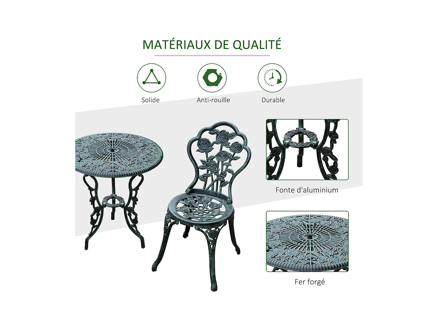 Ensemble salon de jardin 2 places 2 chaises + table ronde style néo-rétro motif rose lignes fuselées fonte d'aluminium vert vieilli