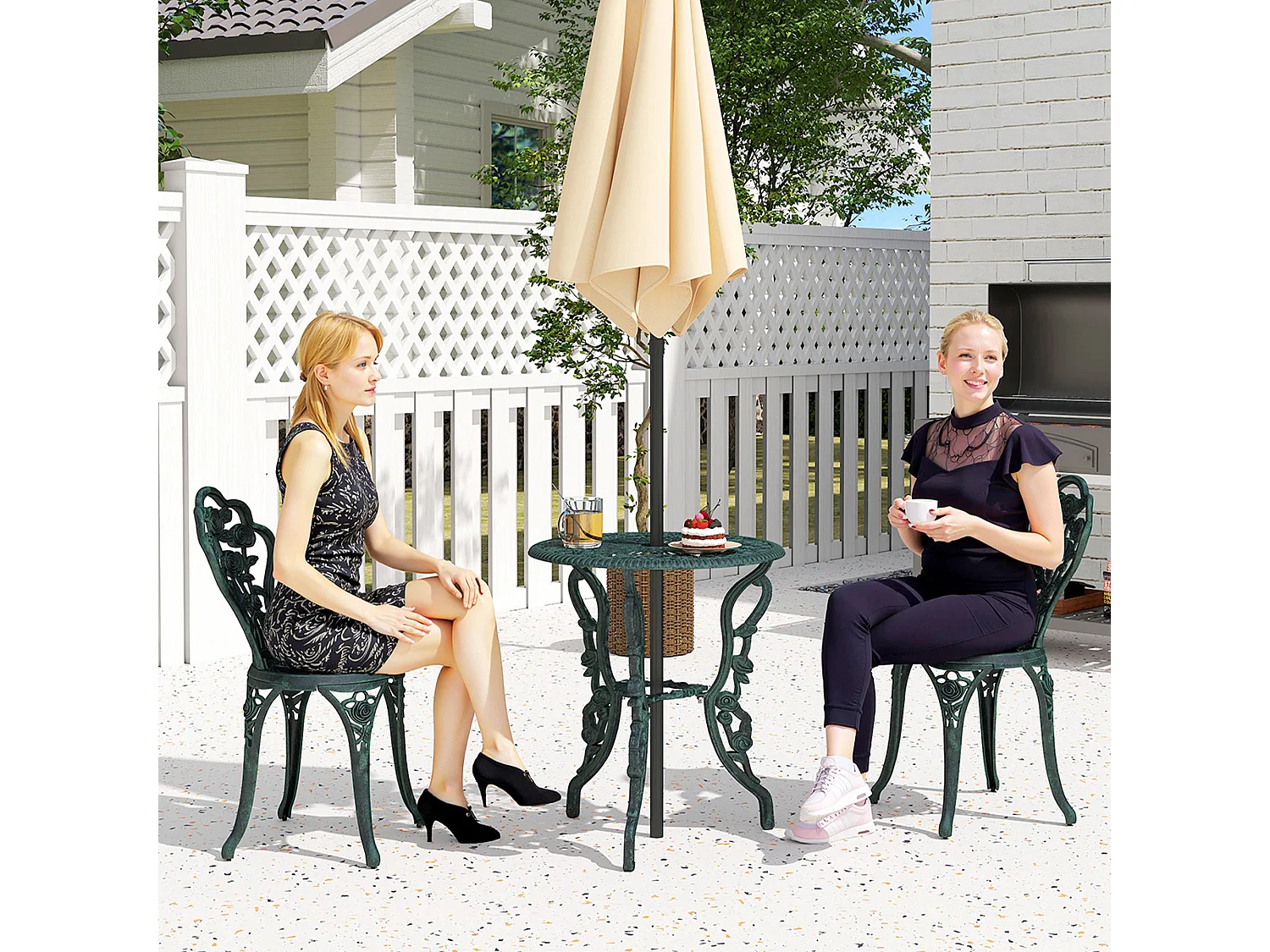 Ensemble salon de jardin 2 places 2 chaises + table ronde style néo-rétro motif rose lignes fuselées fonte d'aluminium vert vieilli