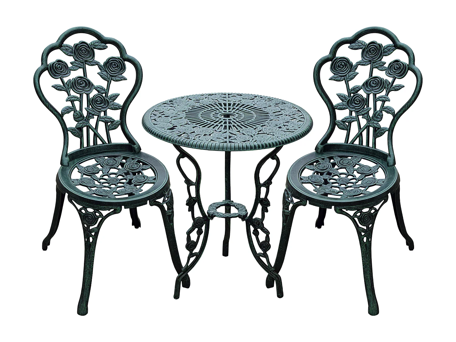 Ensemble salon de jardin 2 places 2 chaises + table ronde style néo-rétro motif rose lignes fuselées fonte d'aluminium vert vieilli