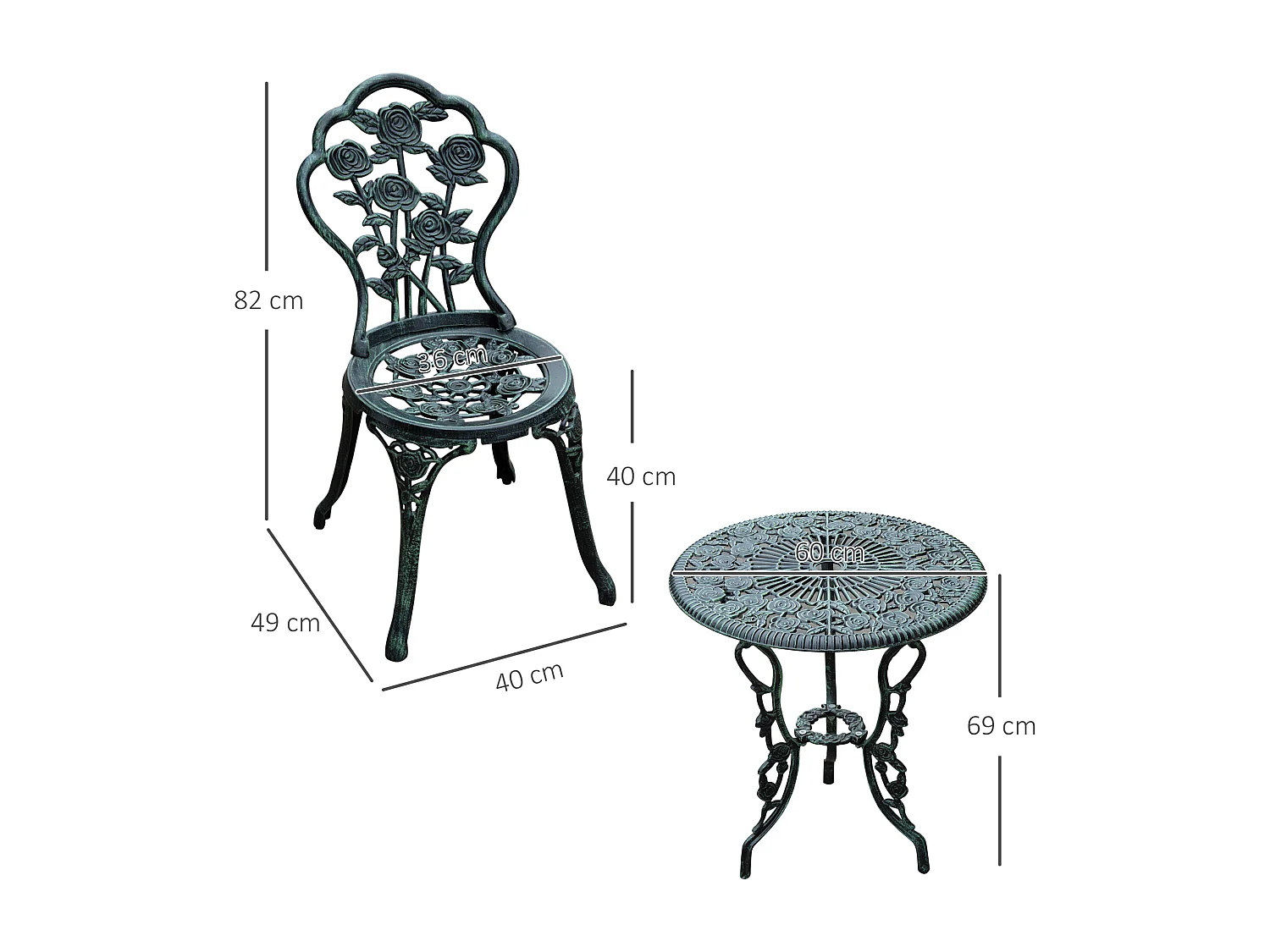 Ensemble salon de jardin 2 places 2 chaises + table ronde style néo-rétro motif rose lignes fuselées fonte d'aluminium vert vieilli