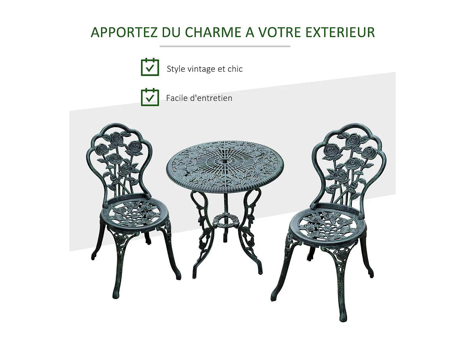 Ensemble salon de jardin 2 places 2 chaises + table ronde style néo-rétro motif rose lignes fuselées fonte d'aluminium vert vieilli