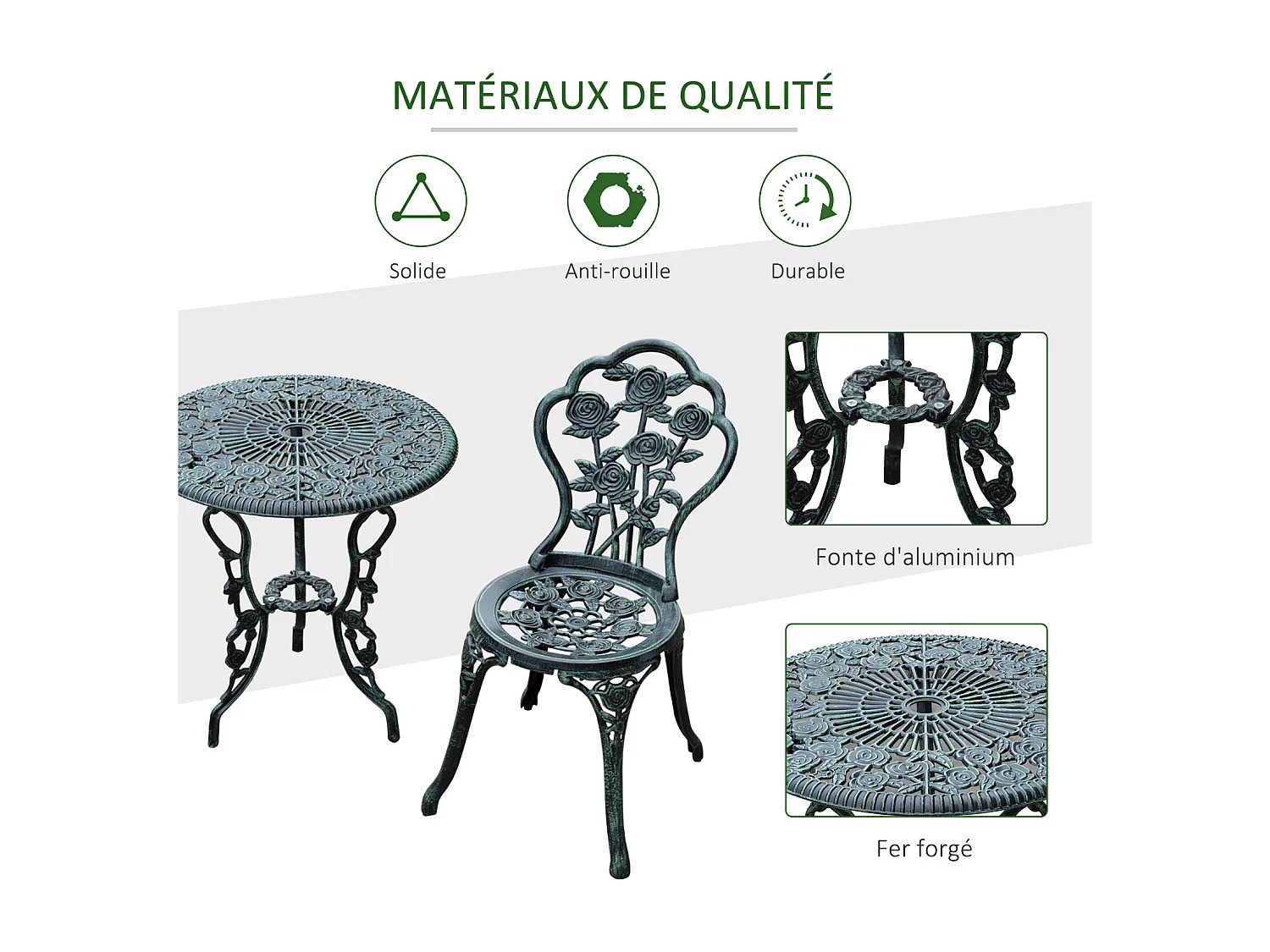 Ensemble salon de jardin 2 places 2 chaises + table ronde style néo-rétro motif rose lignes fuselées fonte d'aluminium vert vieilli
