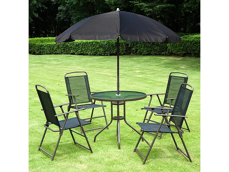 Ensemble salon de jardin 6 pcs - table ronde + 4 chaises pliables + parasol - acier époxy café textilène polyester noir
