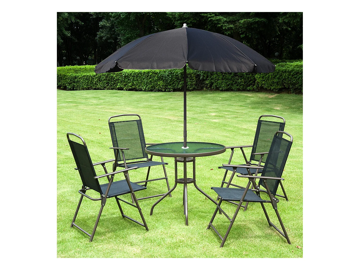 Ensemble salon de jardin 6 pcs - table ronde + 4 chaises pliables + parasol - acier époxy café textilène polyester noir