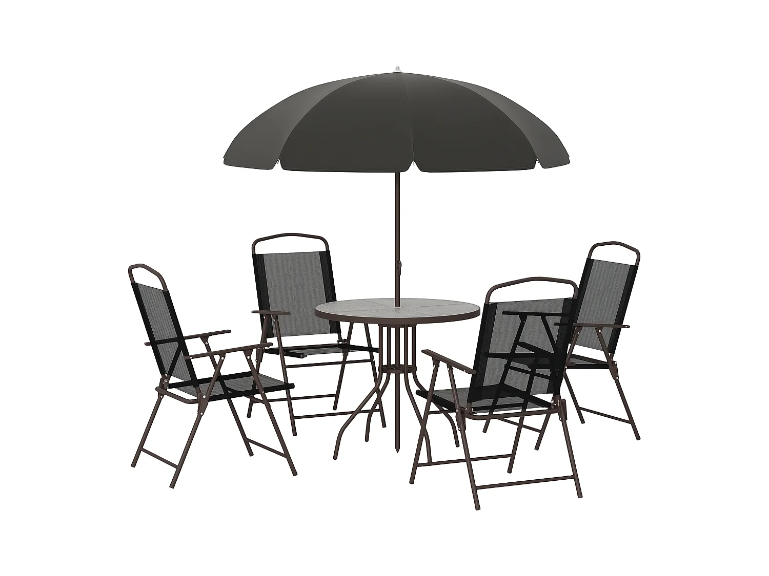 Ensemble salon de jardin 6 pcs - table ronde + 4 chaises pliables + parasol - acier époxy café textilène polyester noir