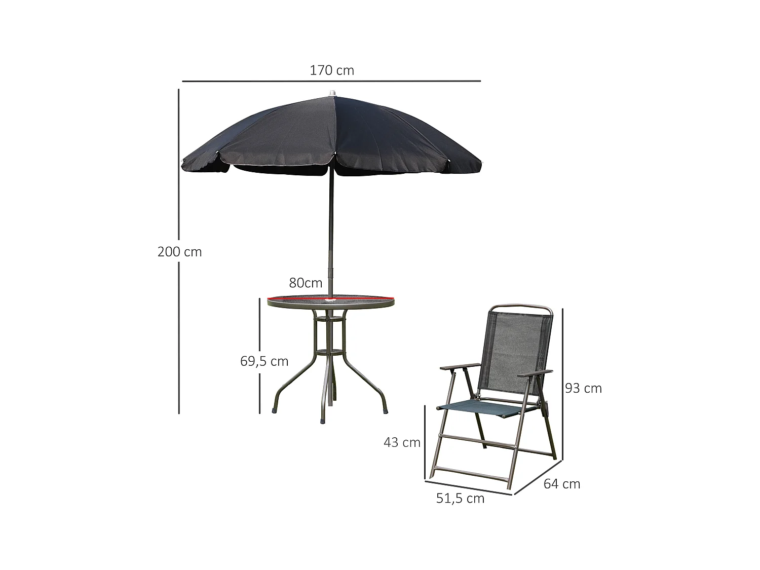 Ensemble salon de jardin 6 pcs - table ronde + 4 chaises pliables + parasol - acier époxy café textilène polyester noir