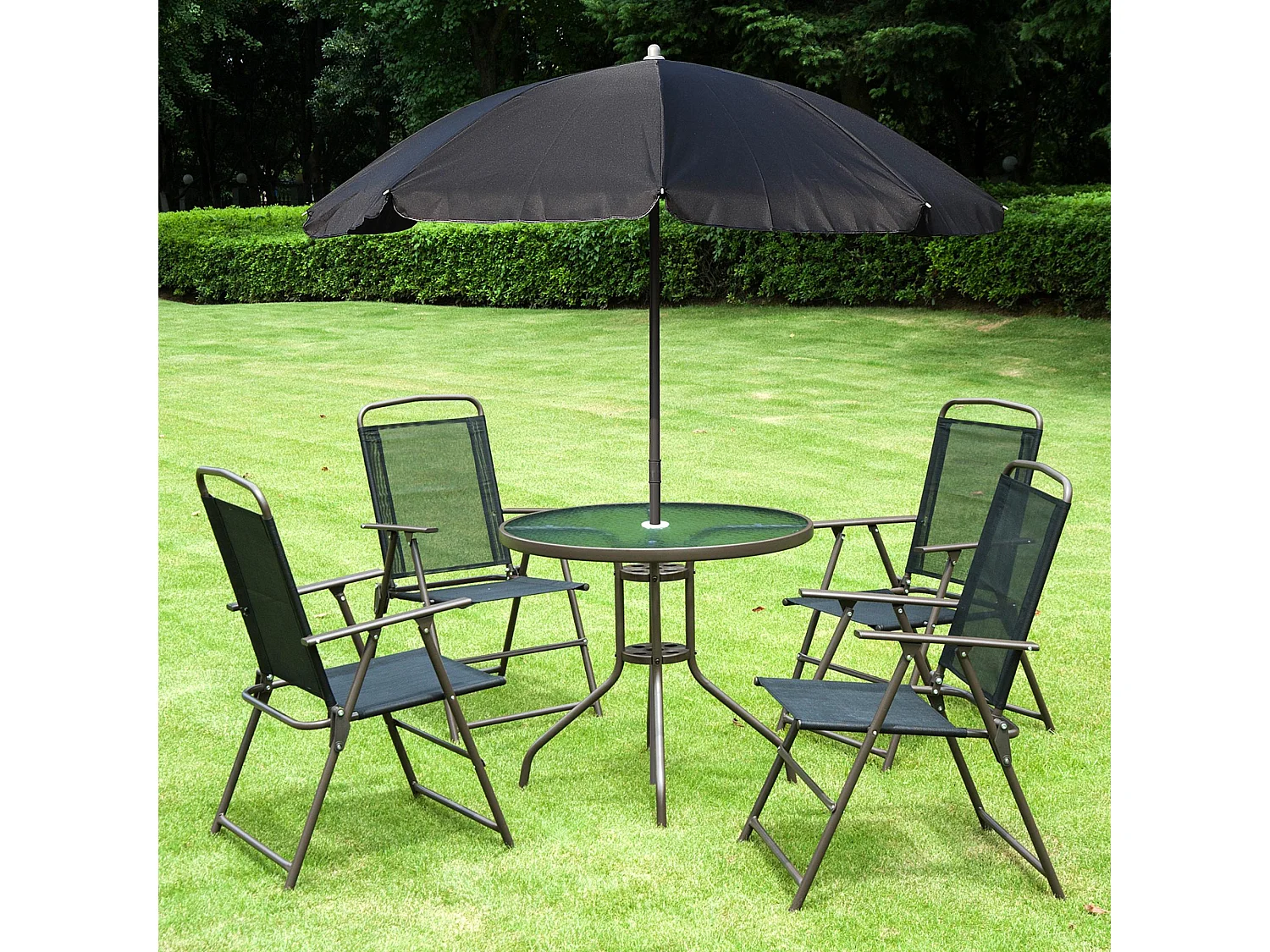 Ensemble salon de jardin 6 pcs - table ronde + 4 chaises pliables + parasol - acier époxy café textilène polyester noir