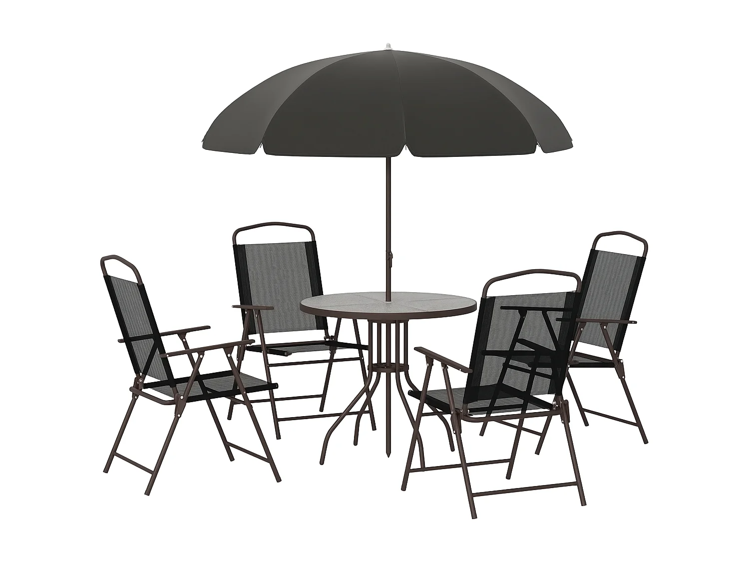 Ensemble salon de jardin 6 pcs - table ronde + 4 chaises pliables + parasol - acier époxy café textilène polyester noir