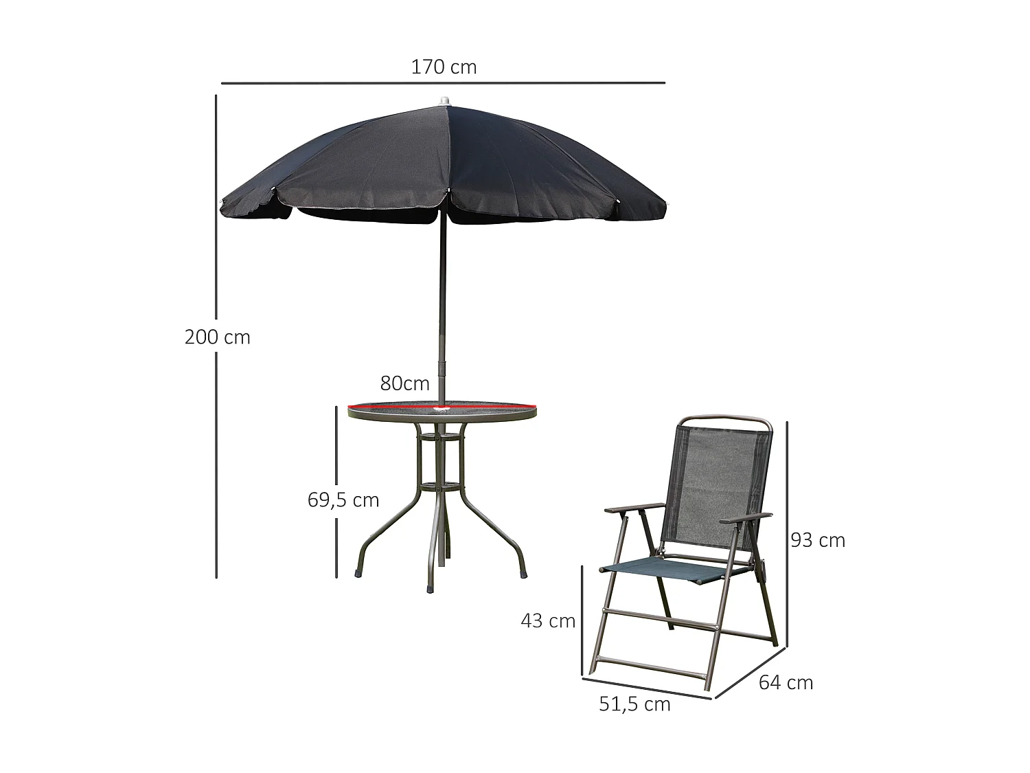 Ensemble salon de jardin 6 pcs - table ronde + 4 chaises pliables + parasol - acier époxy café textilène polyester noir